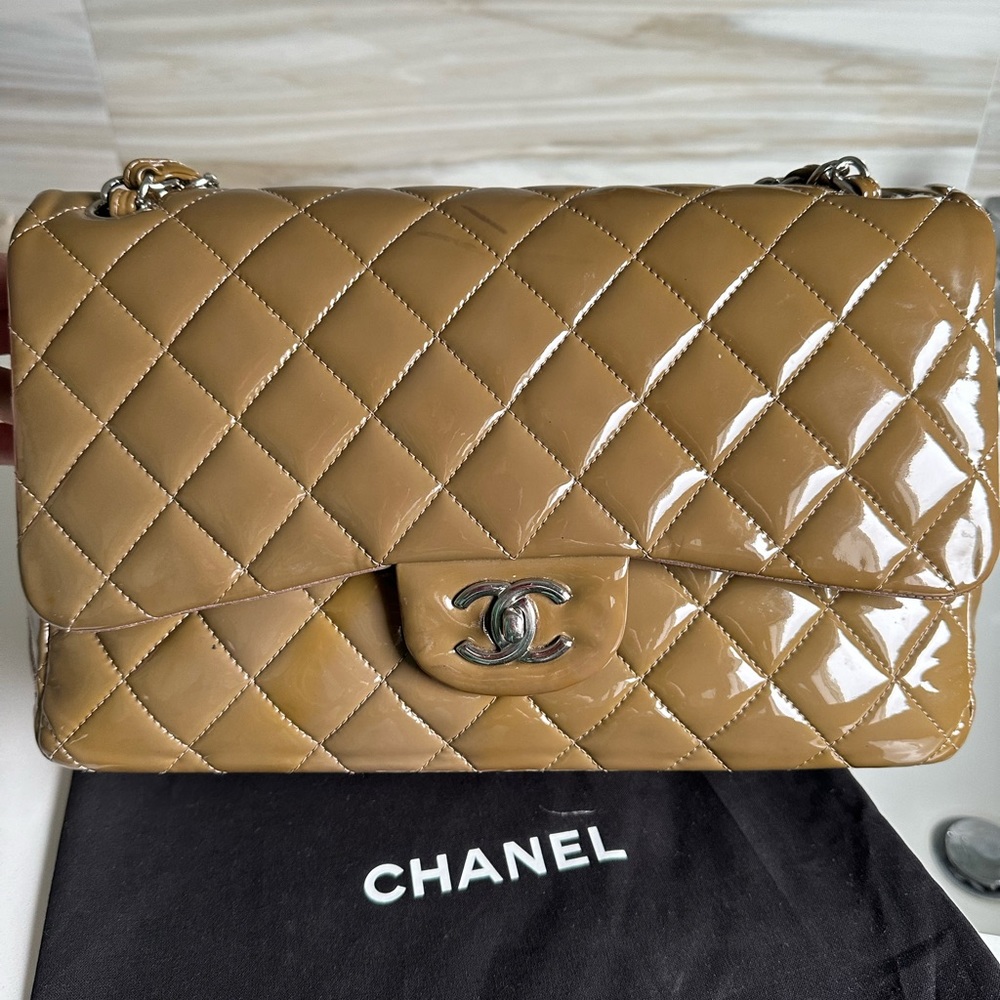 Chanel classic timeless patent leather double flap bag beige